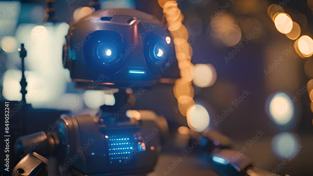 Poster robot with blue eyes in a city setting generative ai