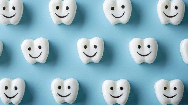 Lots of cute little white teeth on a blue background. The concept of healthy teeth. Dentistry.