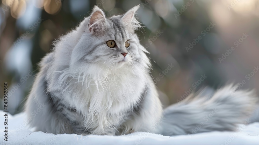 Sticker charming silver female siberian cat enjoying the outdoors