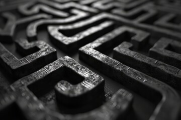 A challenging black and white maze with intricate paths and a sense of mystery.