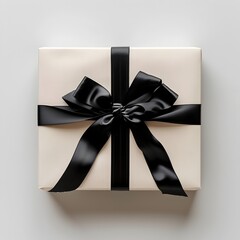Minimalist Gift Box with Sleek Black Ribbon and Clean White Background