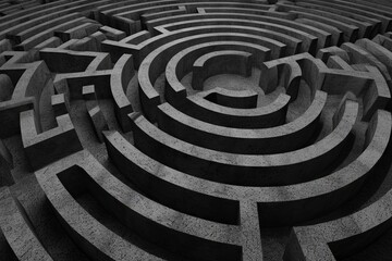 A challenging black and white maze with intricate paths and a sense of mystery.