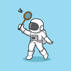 astronaut cartoon with play badminton, mascot character, sport activity