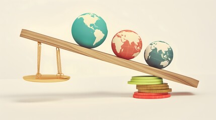 8. A visual representation of a seesaw with one end weighted down by inflation, causing the global economy to teeter precariously, symbolizing the delicate balance of monetary policy.