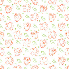 Strawberry and cherry fruits Seamless hand drawn doodle pattern. Illustration for backgrounds, card, posters, banners, textile prints, cover, web design. Eat healthy. Vector icons.