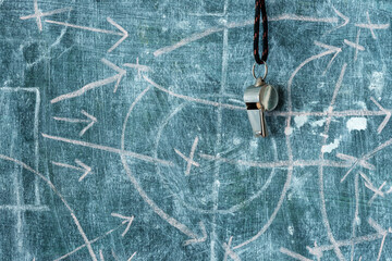 whistle of soccer referee or trainer and soccer tactics scribble. Great soccer event this year in...