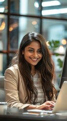 A woman with long brown hair is sitting at a desk