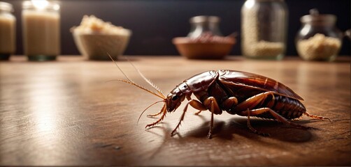 Conceptual close-up of a cockroach that invades polluted rooms, transmits pathogens and multiplies very quickly