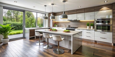 Modern Kitchen with Large Windows and Wood Accents