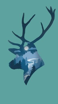 Deer head silhouette on landscape background with river, trees, mountains, moon and rotating stars on a blue background. Animation