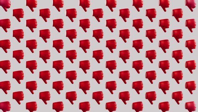 Blue hands that shows a like or thumb up change to red, dislike and thumb down like a chain reaction on white background in 3D animation. Convince, persuade and opinion makers concept