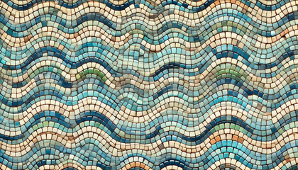 A seamless horizontal mosaic tile texture wallpaper with small blue and green tiles in random pattern
