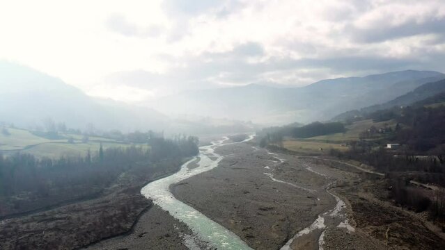 Aerial view of Parma torrent near the town of Langhirano, Parma, Emilia Romagna, Italy.