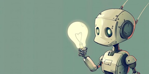 Naklejka premium Vintage Robot Holding a Lightbulb in Dark