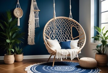 interior design style- reading nook with a hanging rattan chair, cozy floor pouf, and a macrame wall hanging
