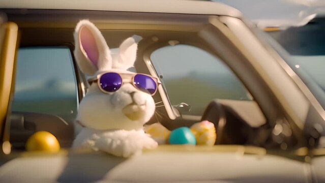 Easter Bunny Driving Car With Sunglasses and Eggs Generative AI