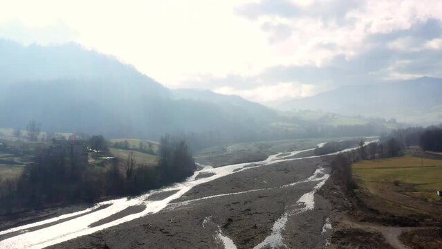 Aerial view of Parma torrent near the town of Langhirano, Parma, Emilia Romagna, Italy.