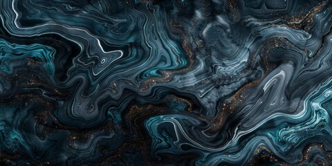 Dynamic swirls of dark blue, black, and white hues create fluid and expressive motion in this abstract artwork