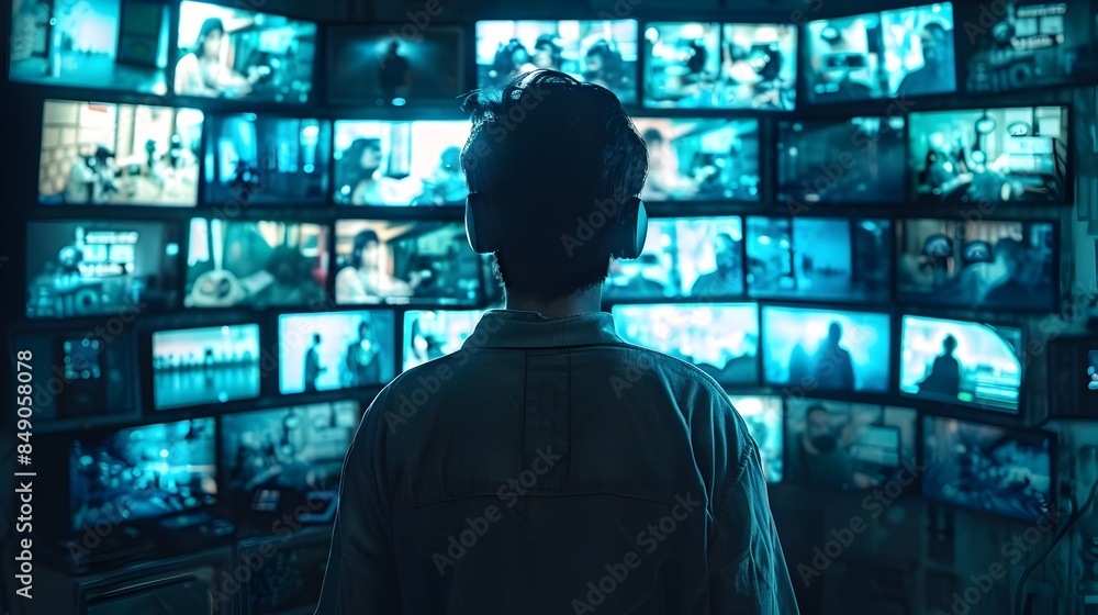 Poster hacker monitoring live security feeds to coordinate synchronized cyber attack