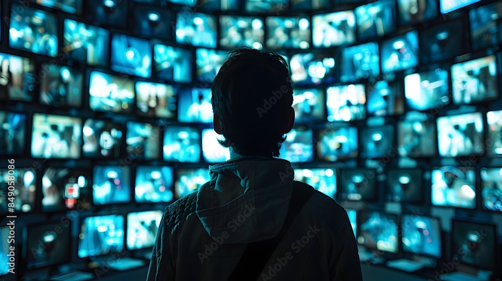 Poster hacker coordinating a synchronized cyber attack on security feeds