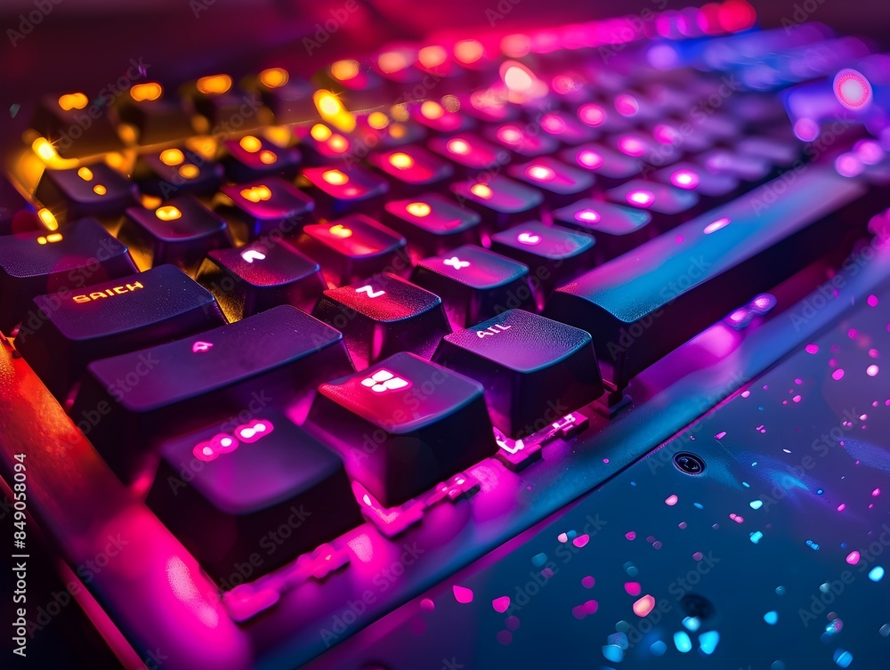 Poster hacker s neon lit custom keyboard closeup highlighting the tools of their trade