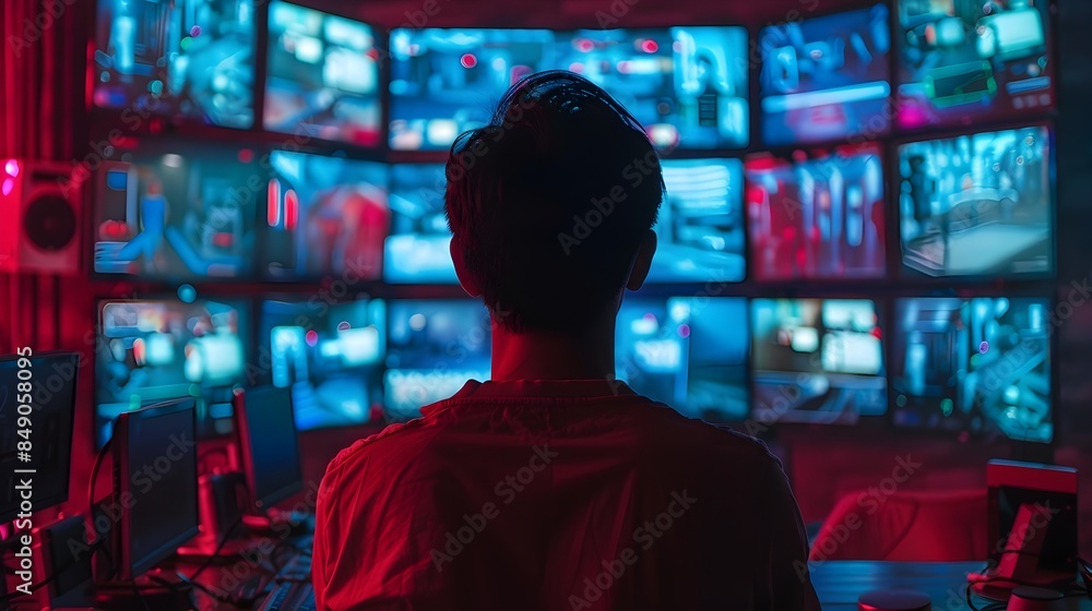 Poster hacker coordinating cyber attack monitoring multiple security feeds