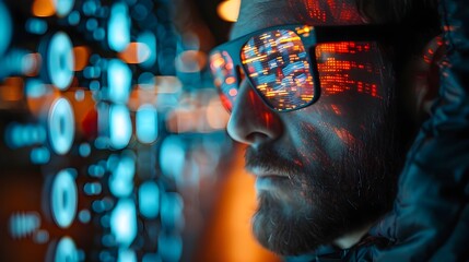 Hacker Wearing Augmented Reality Glasses Overlaying Digital Information for Cyber Techniques
