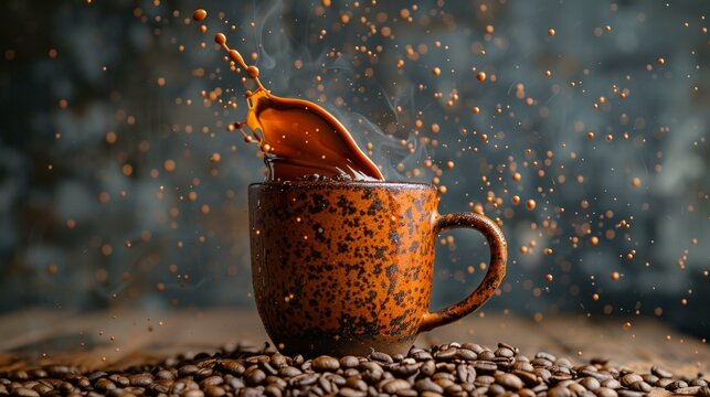 Ceramic cup coffee overflowing with coffee surrounded by scattered coffee beans, overflow aroma drink