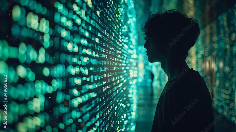 Poster silhouette of hacker against digital code wall with illuminating characters