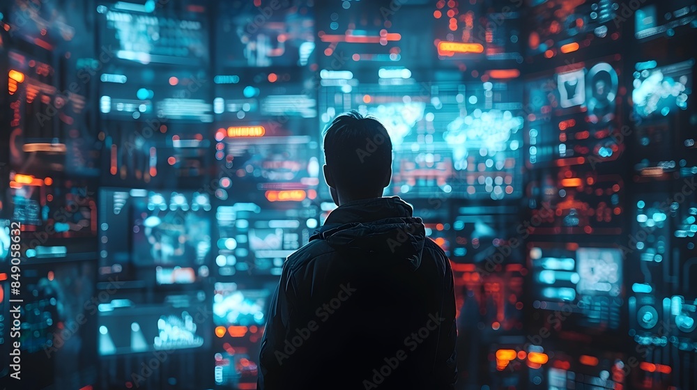 Poster hacker surrounded by futuristic holographic data displays interacting with virtual screens showcasin