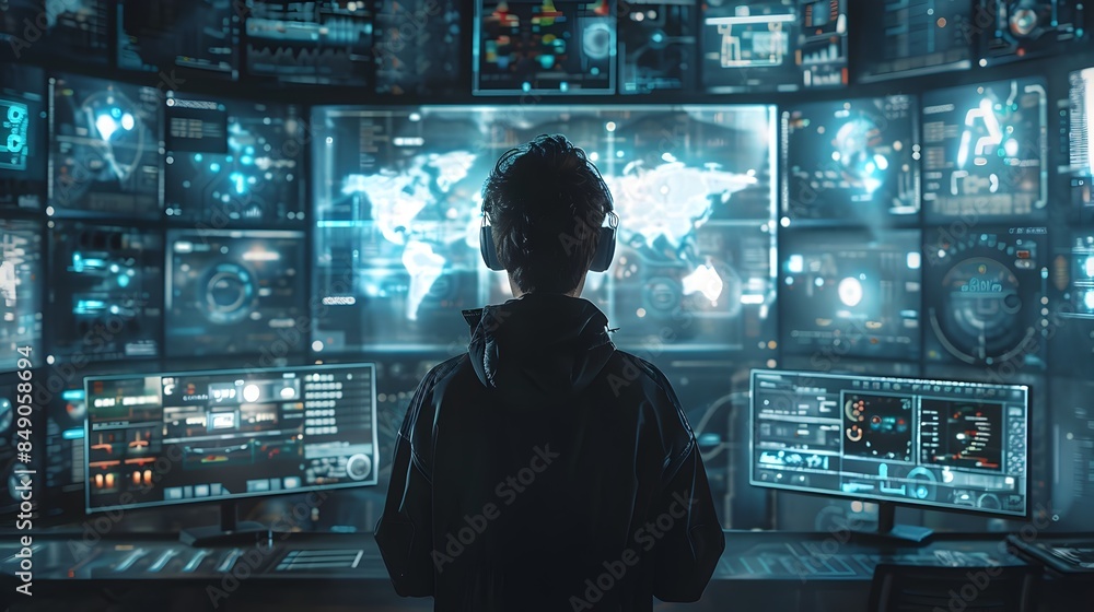 Poster futuristic hacker workspace with holographic data displays and virtual interaction