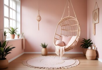 interior design style- reading nook with a hanging rattan chair, cozy floor pouf, and a macrame wall hanging