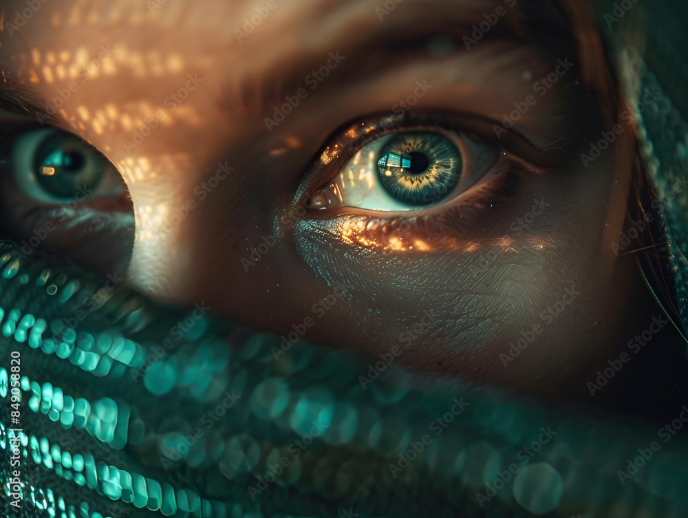 Poster intense and focused hacker peering into computer screen reflecting intricate code