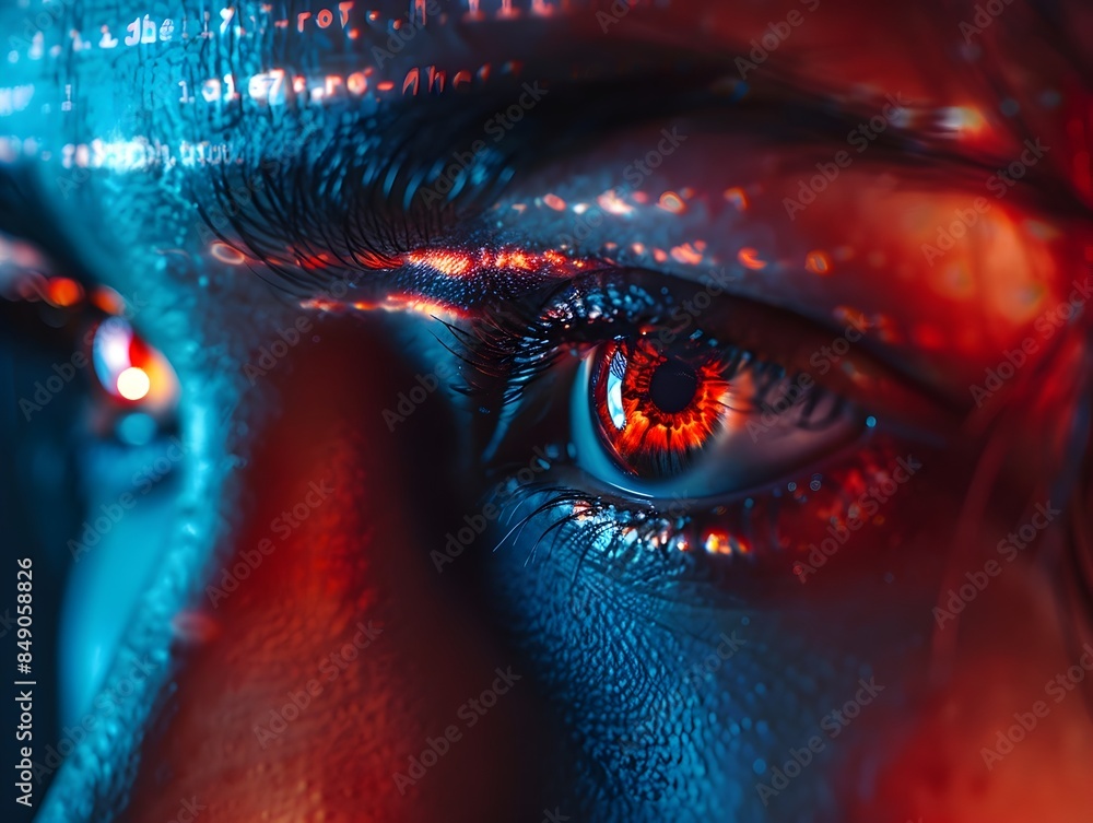 Poster intense hacker s eyes reflecting lines of code on screen cybersecurity concept