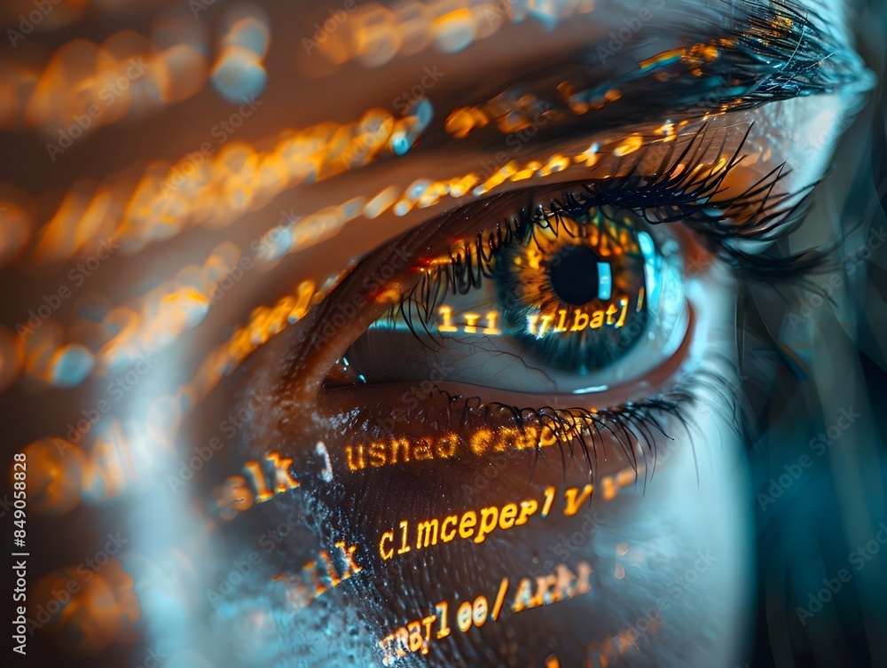 Poster intensely focused hacker s eyes reflecting digital code on screen