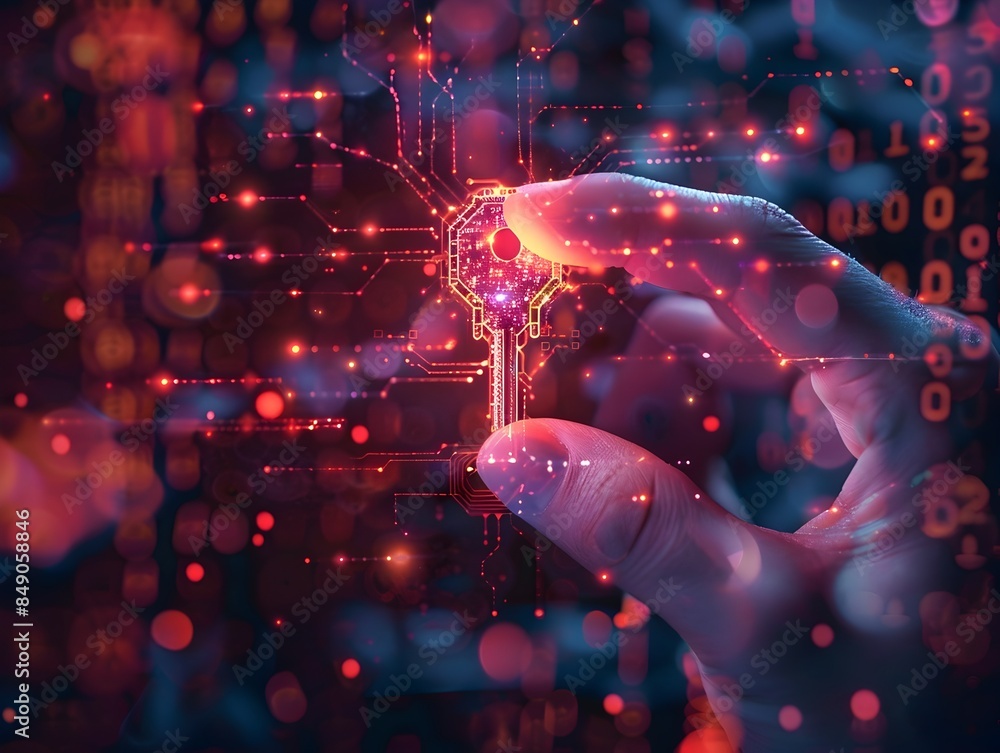 Poster hacker s hand holding a digital encryption key symbolizing unlocking of secured data
