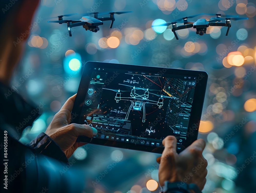 Poster hacker controlling drones with tablet displaying real time footage and control options