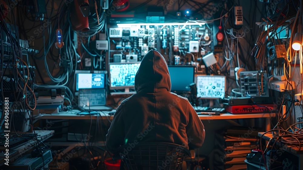 Poster hacker working in cluttered high tech workspace with cables and gadgets