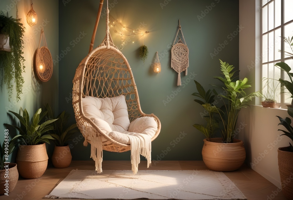 Wall mural interior design style- reading nook with a hanging rattan chair, cozy floor pouf, and a macrame wall