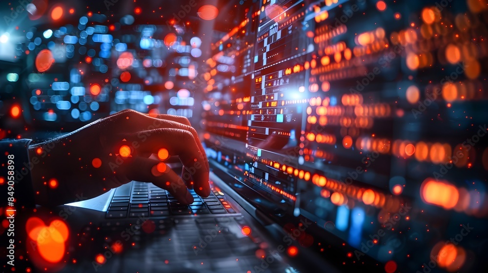 Poster hacker infiltrating a network firewall with successful breach on screen