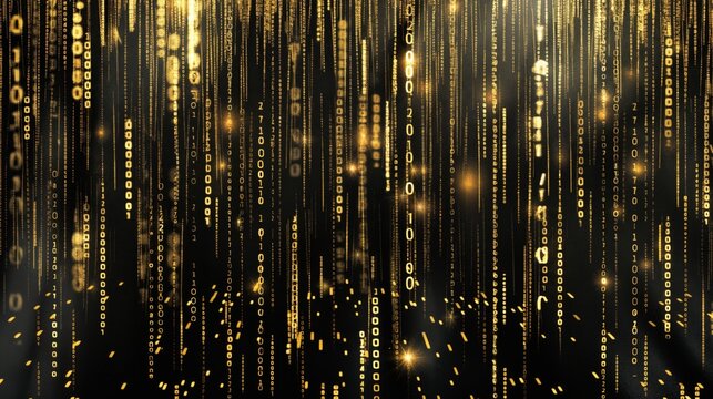 abstract background, tech and futuristic theme, gold shiny binary code raining down
