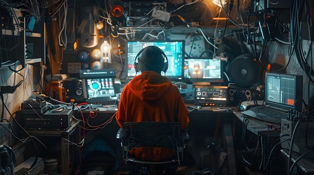 Hacker s Cluttered High Tech Workspace Filled with Gadgets and Cables