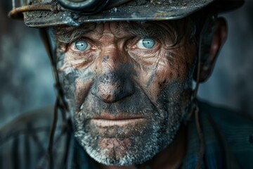 Fototapeta premium Intense Portrait of a Weathered Miner with a Hard Hat in a Dark Setting