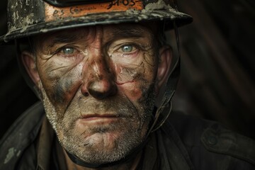 Intense Portrait of a Weathered Miner with a Hard Hat in a Dark Setting