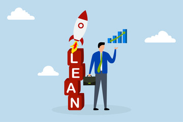 businessman shows growth chart leaning on stack of boxes with  words LEAN on it and  completed rocket ship.