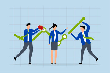 Business development process, businessman help to develop a business growth chart with upward arrow.