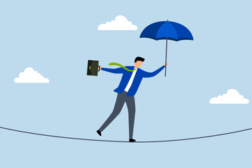 Obraz premium Business risk protection, brave businessman balanced walk on high rope.