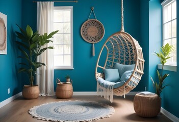 interior design style- reading nook with a hanging rattan chair, cozy floor pouf, and a macrame wall hanging
