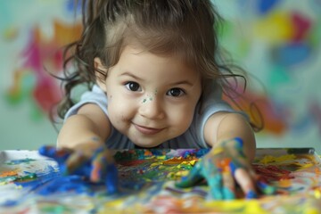 A girl preschooler toddler enjoys creative expression with finger paints, exploring color and texture while developing fine motor skills.