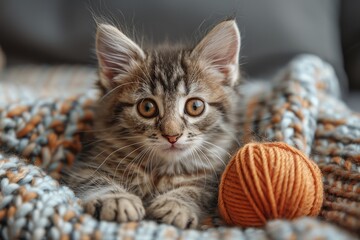 Fototapeta premium Baby Kitten: A tiny kitten with big eyes, playing with a ball of yarn indoors. 